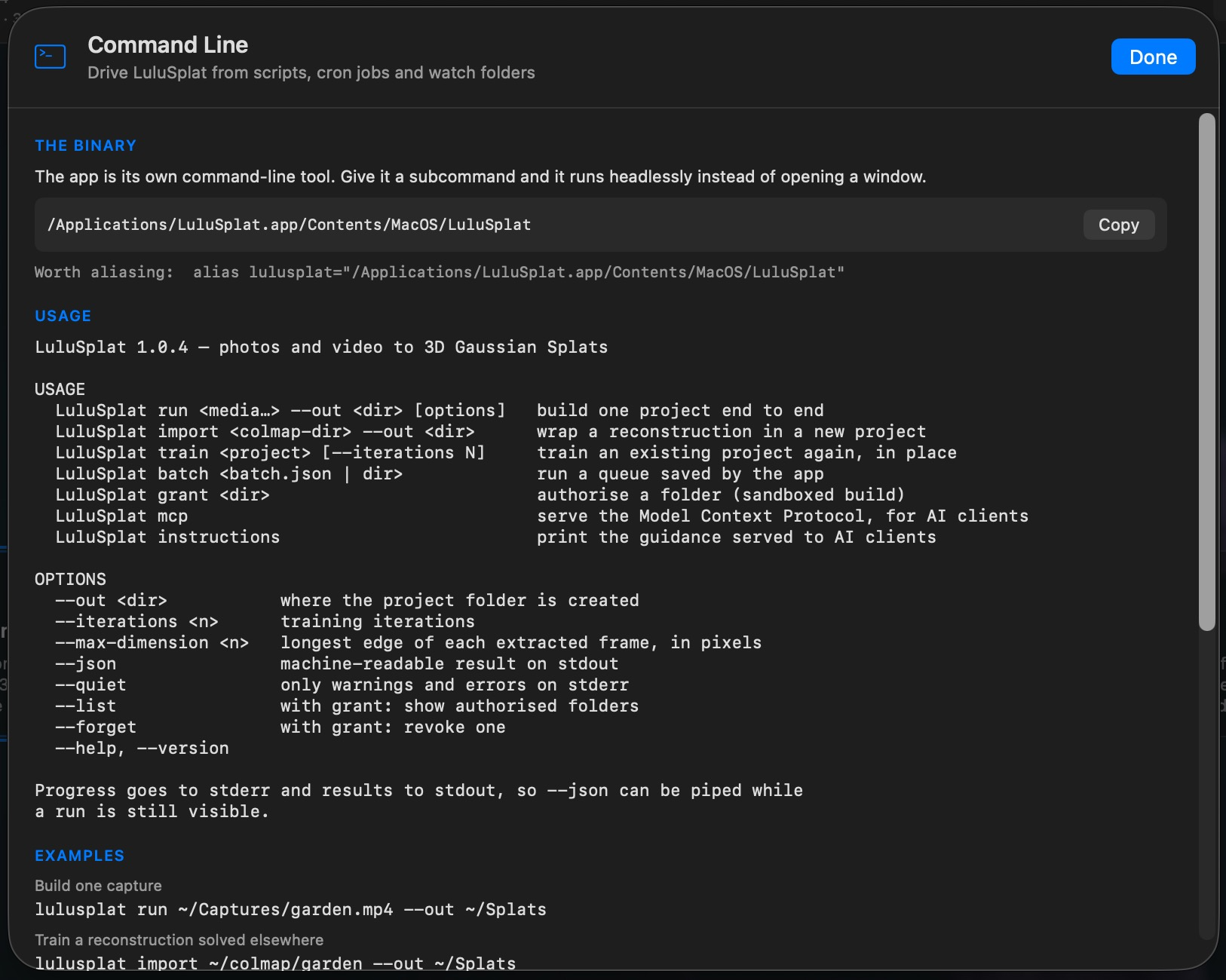 LuluSplat's Command Line panel, listing the run, import, train, batch, grant and mcp subcommands with their options and worked examples.