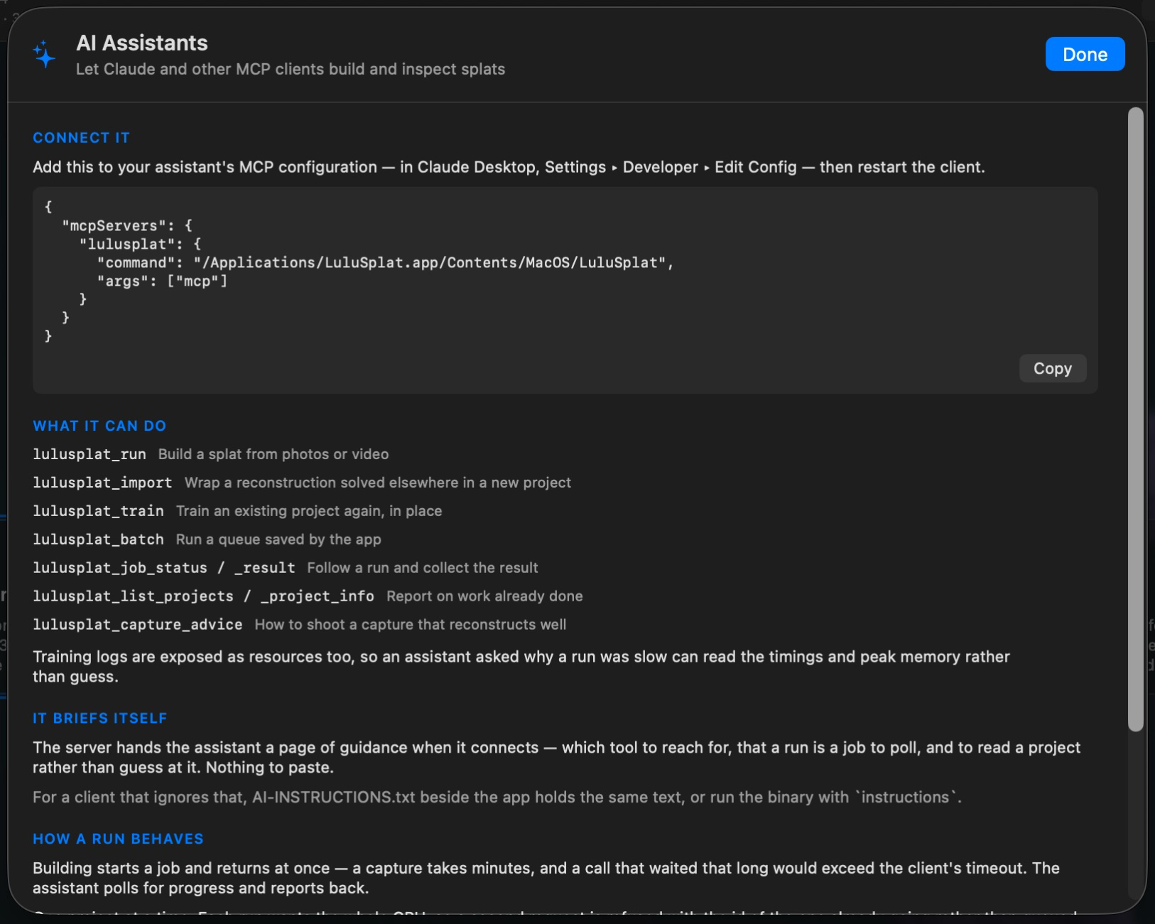 LuluSplat's AI Assistants panel, showing the MCP server configuration snippet for Claude Desktop and the list of tools it exposes.