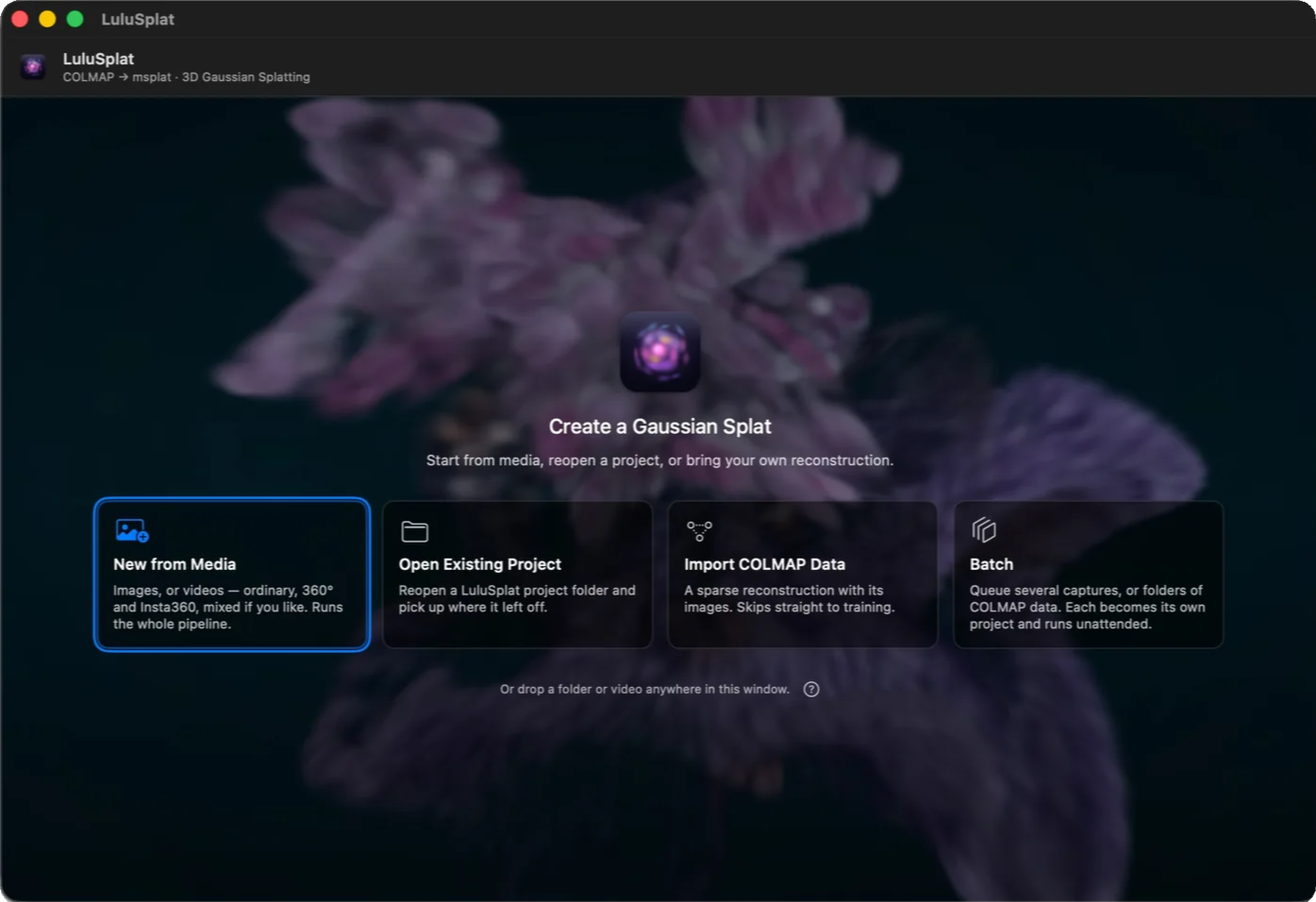The LuluSplat start screen offering new capture from media, reopening a project, importing COLMAP data, or batch processing.