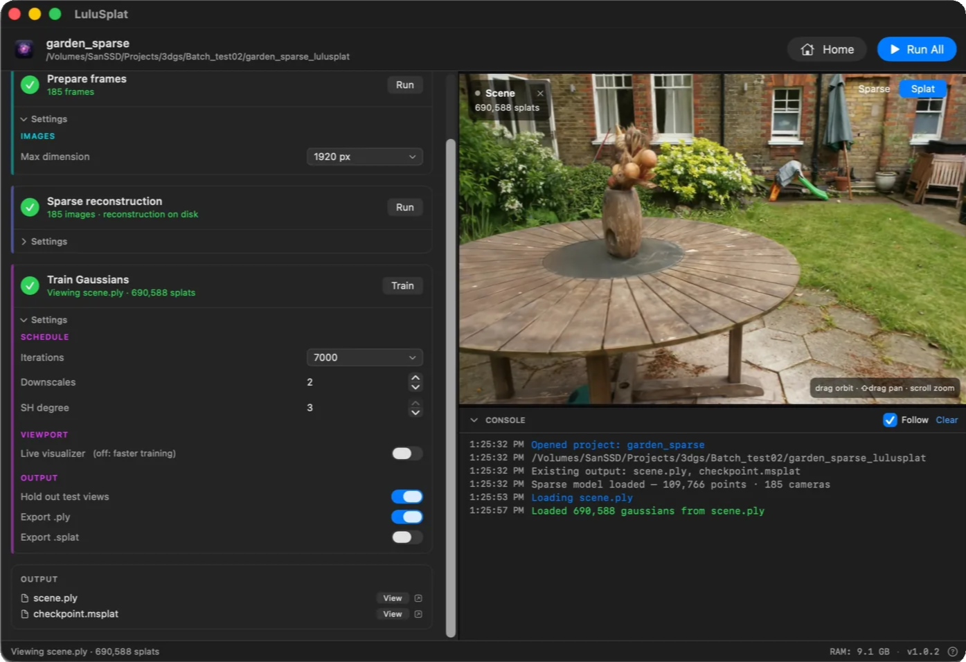 A finished LuluSplat scene of a garden table rendered photorealistically in the viewport at 690,588 splats.