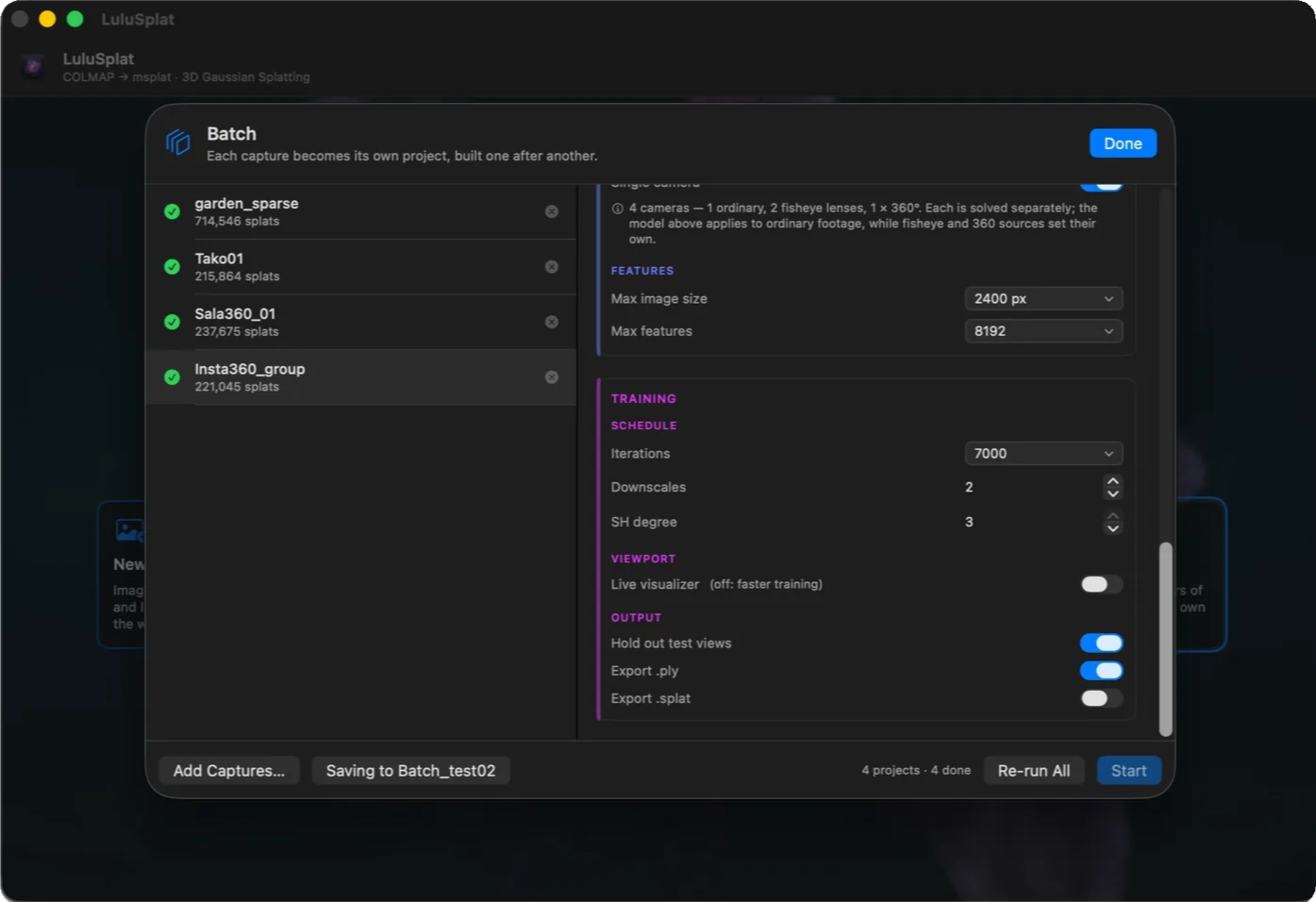 The LuluSplat batch panel listing four completed captures — garden_sparse, Tako01, Sala360_01 and Insta360_group — each showing its splat count, beside per-project training settings.